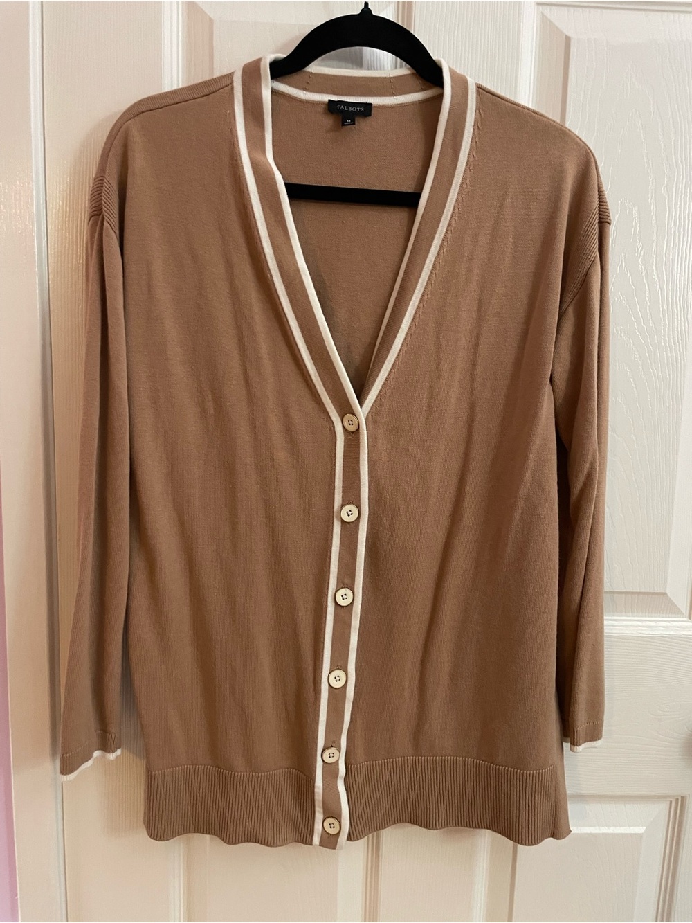 Talbots Tan Cardigan with Cream Trim Button-Front